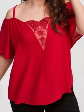 torrid Bright Red Cold-Shoulder Lace-Trim Camisole